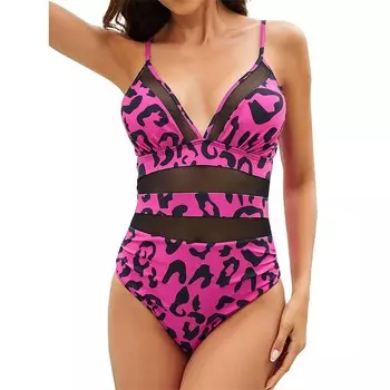 Женский сетчатый купальник Цельный купальник с V-образным вырезом и контролем живота Купальники с высокой талией и перекрестной спиной MISSKY, цвет Rose Red