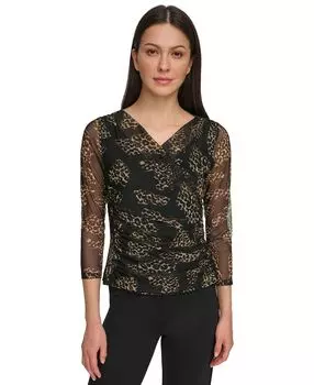 Женский сетчатый топ с v-образным вырезом и рукавами 3/4 с принтом DKNY