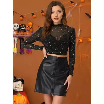 Женский сетчатый укороченный топ со звездами и воротником-стойкой, прозрачная блузка для вечеринки ALLEGRA K, темно-синий