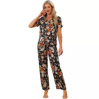 Женский шелковый атласный комплект с короткими рукавами и брюками, пижамный комплект Cheibear, цвет Black Orange