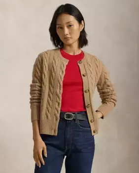 Женский шерстяной кардиган косой вязки Polo Ralph Lauren, бежевый