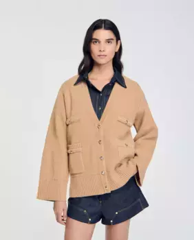 Женский шерстяной кардиган с плетеными бархатными деталями Sandro, цвет Camel