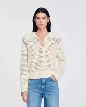 Женский шерстяной свитер с воротником-бушлатом Sandro, белый