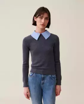 Женский шерстяной свитер со съемным воротником-рубашкой Claudie Pierlot, серый