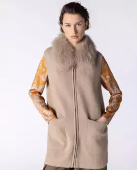 Женский шерстяной жилет с передними карманами и меховым воротником Naulover, бежевый