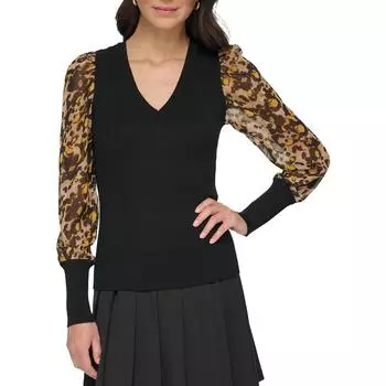 Женский шифоновый свитер с металлическим V-образным вырезом и отделкой DKNY, цвет black/black/maize multi