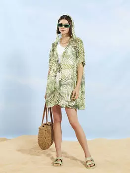 Женский шифоновый топ для пляжной одежды с коротким рукавом и воротником-шалью LCW Dream