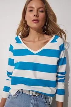 Женский синий экрю вязаный свитшот с v-образным вырезом в полоску двумя нитками Happiness Istanbul, синий