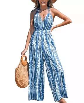 Женский синий комбинезон прямого кроя без рукавов с геометрическим узором CUPSHE, синий