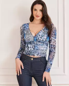 Женский синий топ с длинными рукавами с животным принтом Marciano by Guess, темно-синий