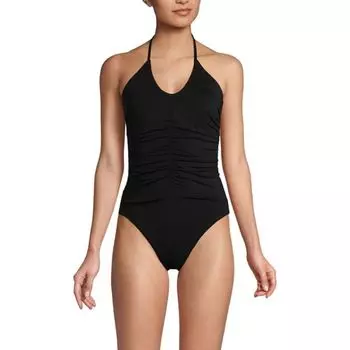 Женский слитный купальник с V-образным вырезом, на бретелях и высоким разрезом Lands' End, черный