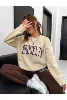 Женский спортивный костюм большого размера из трехниточного флиса с круглым вырезом и принтом Brooklyn New York Afrogiyim, бежевый