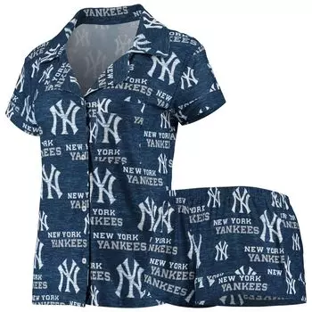 Женский спортивный темно-синий комплект для сна на пуговицах с принтом New York Yankees Zest по всей поверхности и шорты