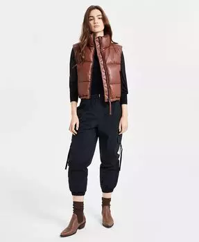 Женский стеганый жилет из искусственной кожи с воротником-стойкой S13, коричневый