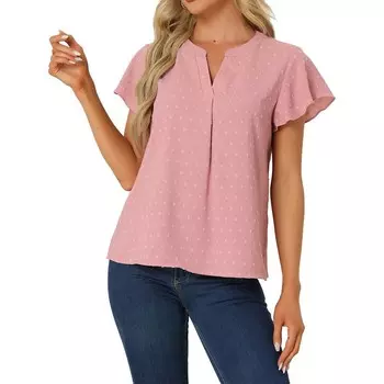 Женский струящийся топ в швейцарский горошек, летняя блузка-туника с v-образным вырезом и рюшами и короткими рукавами ALLEGRA K, розовый