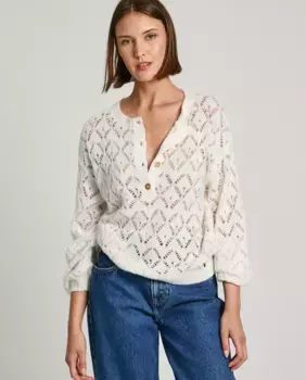 Женский свитер ажурной вязки с полупланкой на пуговицах Pepe Jeans, белый