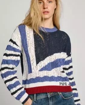 Женский свитер ажурной вязки с принтом «Юнион Джек» Pepe Jeans, темно-синий