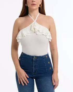 Женский свитер BEBE с люрексом и оборками, цвет white aegean