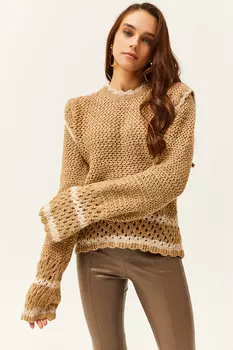 Женский свитер из ажурного трикотажа в светло-коричневую полоску Olalook, коричневый