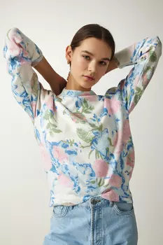 Женский свитер из мягкого фактурного трикотажа розово-синего цвета с рисунком Happiness Istanbul, розовый