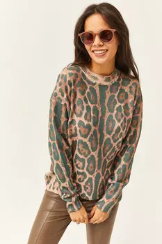 Женский свитер из мягкого текстурированного трикотажа премиум-класса с леопардовым принтом и норкой с круглым вырезом Olalook, коричневый