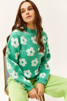 Женский свитер из плотного трикотажа зеленого цвета с рисунком ромашки Olalook, зеленый