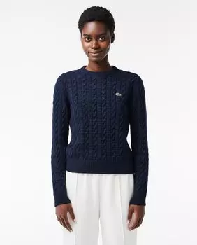 Женский свитер косой вязки из смеси шерсти и хлопка Lacoste, темно-синий