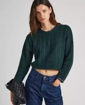 Женский свитер косой вязки с кулиской по краю Pepe Jeans, темно-зеленый