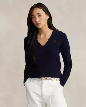Женский свитер косой вязки с V-образным вырезом Polo Ralph Lauren, темно-синий