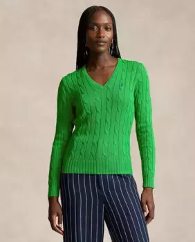 Женский свитер косой вязки с V-образным вырезом Polo Ralph Lauren, темно-зеленый