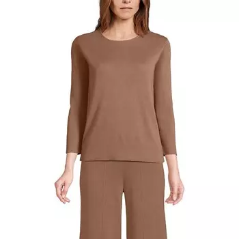 Женский свитер Land End Fine Guage с круглым вырезом и рукавами три четверти Lands' End, цвет Warm Tawny Brown