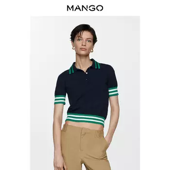 Женский свитер Mango воротником-поло и контрастной отделкой, темно-синий