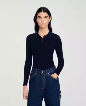 Женский свитер ребристой вязки Sandro, темно-синий