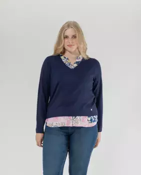 Женский свитер с эффектом trompe l'oeil и V-образным вырезом October, тёмно-синий