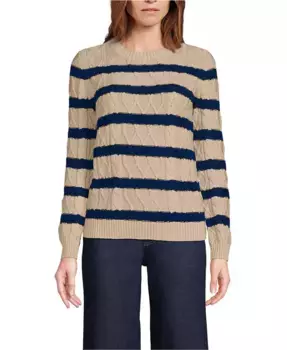 Женский свитер с арановыми косами и круглым вырезом Lands' End, коричневый/бежевый