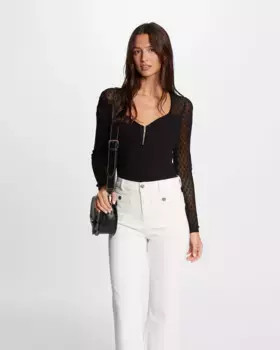 Женский свитер с ажурными рукавами и молнией по горловине Morgan, черный