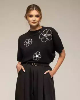 Женский свитер с цветами из стразов и пайетками Tantra, черный