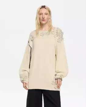 Женский свитер с цветами, связанными крючком Bimba y Lola, цвет Natural