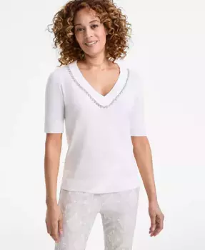 Женский свитер с декоративными элементами и рукавом 3/4 JM Collection, белый