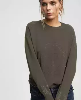 Женский свитер с длинными рукавами и дизайном спереди, украшенным стразами Lola Casademunt, цвет Kaki