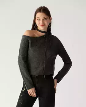 Женский свитер с длинными рукавами и неровной горловиной Noon, серый