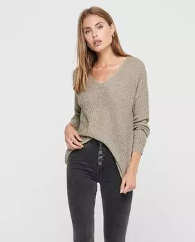 Женский свитер с длинными рукавами и слегка V-образным вырезом jdy, светло-коричневый