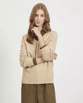 Женский свитер с длинными рукавами и V-образным вырезом Vila, светло-коричневый