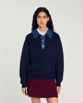 Женский свитер с джинсовым воротником Sandro, темно-синий