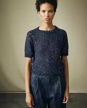 Женский свитер с короткими рукавами из металлизированных ниток Maksu, темно-синий