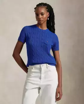 Женский свитер с короткими рукавами, вязка косами Polo Ralph Lauren, тёмно-синий