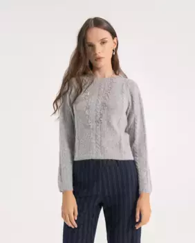 Женский свитер с круглым вырезом, длинными рукавами и плетеной отделкой Noon, серый