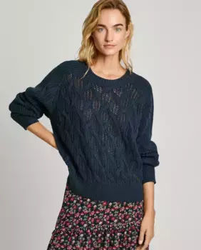 Женский свитер с круглым вырезом и ажурными деталями Pepe Jeans, темно-синий