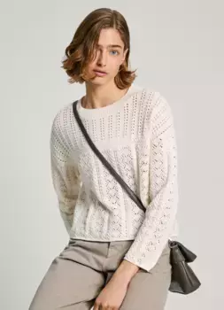 Женский свитер с круглым вырезом и ажурными деталями Pepe Jeans, цвет Crema
