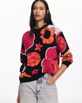 Женский свитер с круглым вырезом и цветочным принтом Desigual, черный